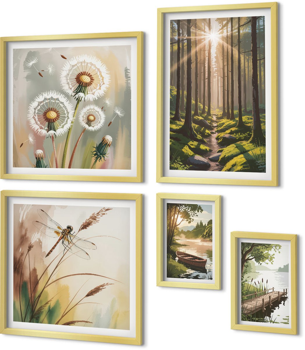 Coloray 5-Delige Schilderij Set - Boslandschappen Met Natuur En Rust Op De Achtergrond. - 50 x 50 cm, 20 x 30 cm En 40 x 60 cm - Muurdecoratie - Wanddecoratie - Hal - Woonkamer Decoratie