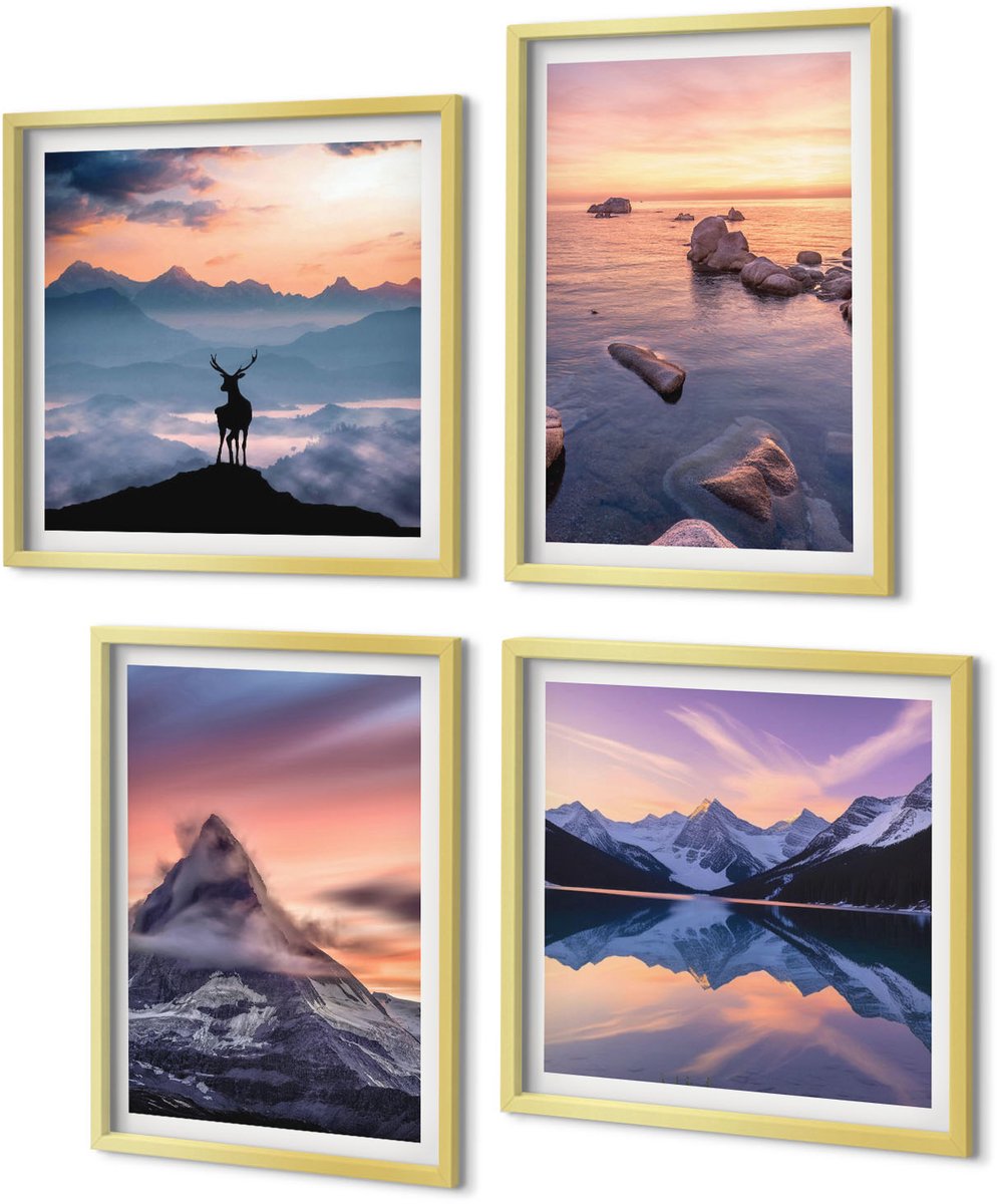 Coloray 4-Delige Schilderij Set - Landschappen, bergen, meren, herten en zonsondergang - 40 x 40 cm en 40 x 60 cm - Schilderijen Set - Wanddecoratie - Woonkamer - Decoratieve Schilderijen