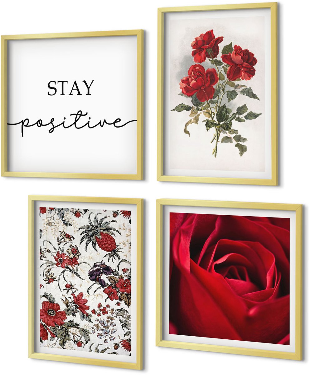 Coloray 4-Delige Schilderij Set - Rode rozen en inspirerende letters - 40 x 40 cm en 40 x 60 cm - Stijlvolle Wanddecoratie - Interieur - Stijlvolle Muurdecoratie
