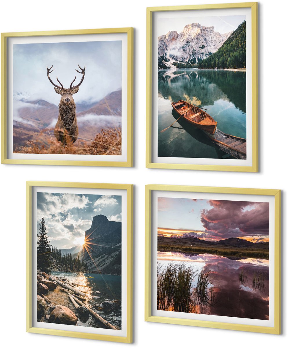 Coloray 4-Delige Schilderij Set - Bergmeer Lodz Zonsondergang Hert in de natuur - 40 x 40 cm en 40 x 60 cm - Muurdecoratie - Interieur Decoratie