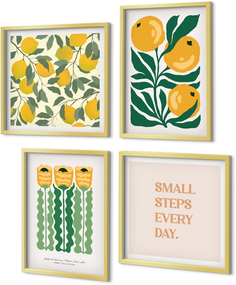 Coloray 4-Delige Schilderij Set - Plantenpatronen met bloemen en bladeren (posters) - 40 x 40 cm en 40 x 60 cm - Decoratieve Muurdecoratie - Slaapkamer - Interieur Decoratie
