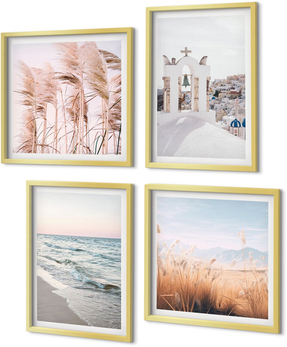 Coloray 4-Delige Schilderij Set - Zeeplanten, zeegolven, uitzicht op de Witte Huizen - 40 x 40 cm en 40 x 60 cm - Wanddecoratie - Moderne Interieurdecoratie - Moderne Wanddecoratie