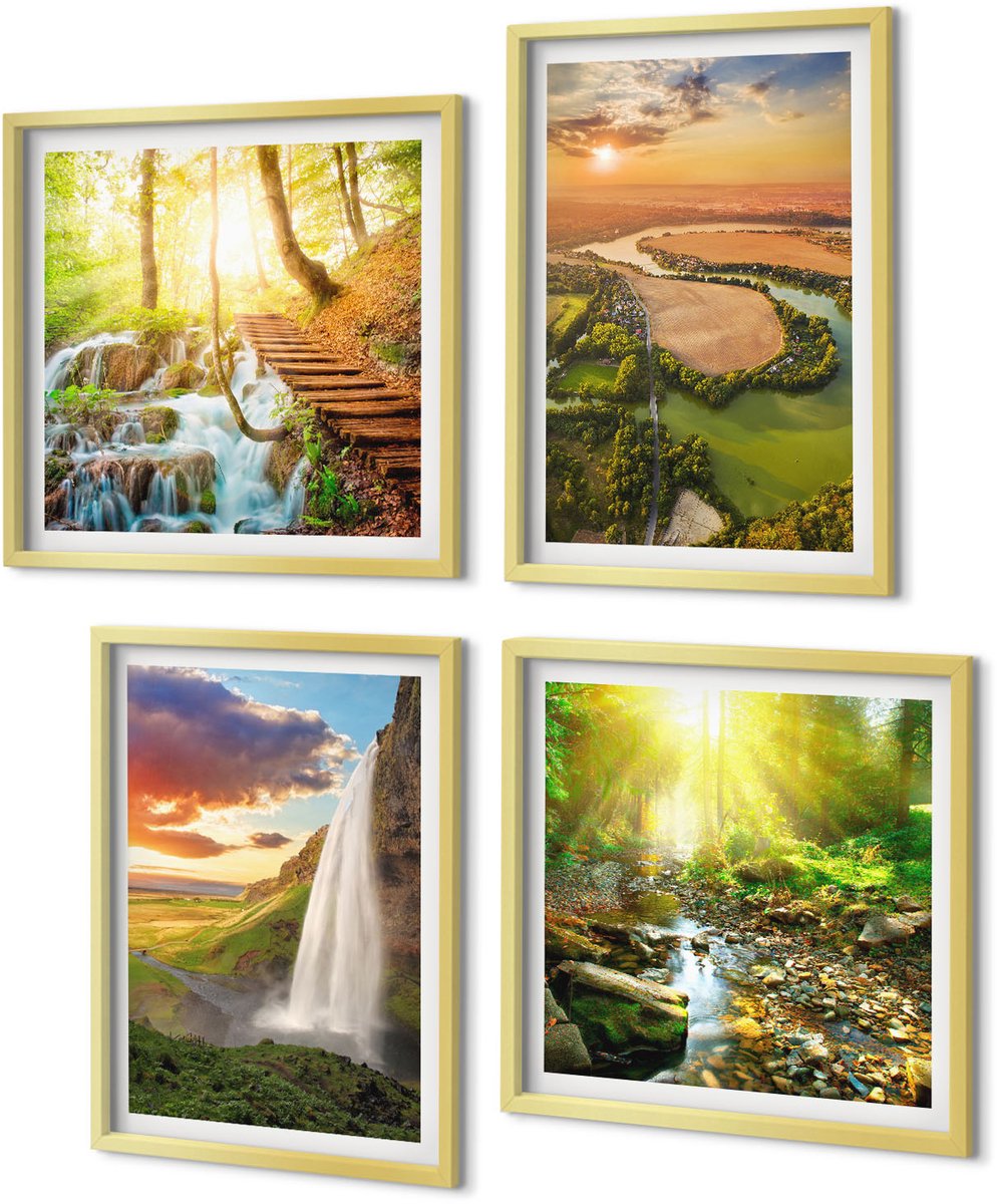 Coloray 4-Delige Schilderij Set - Waterval Bergen Sinaasappels Italiaans Landschap Zonsondergang - 40 x 40 cm en 40 x 60 cm - Muurdecoratie - Interieur Decoratie - Wanddecoratie