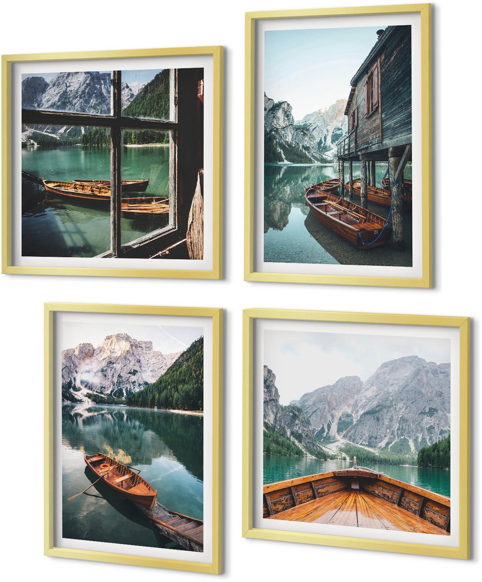 Coloray 4-Delige Schilderij Set - Uitzicht op een bergmeer met boten en een huis aan het water. - 40 x 40 cm en 40 x 60 cm - Wanddecoratie - Woonkamer Decoratie
