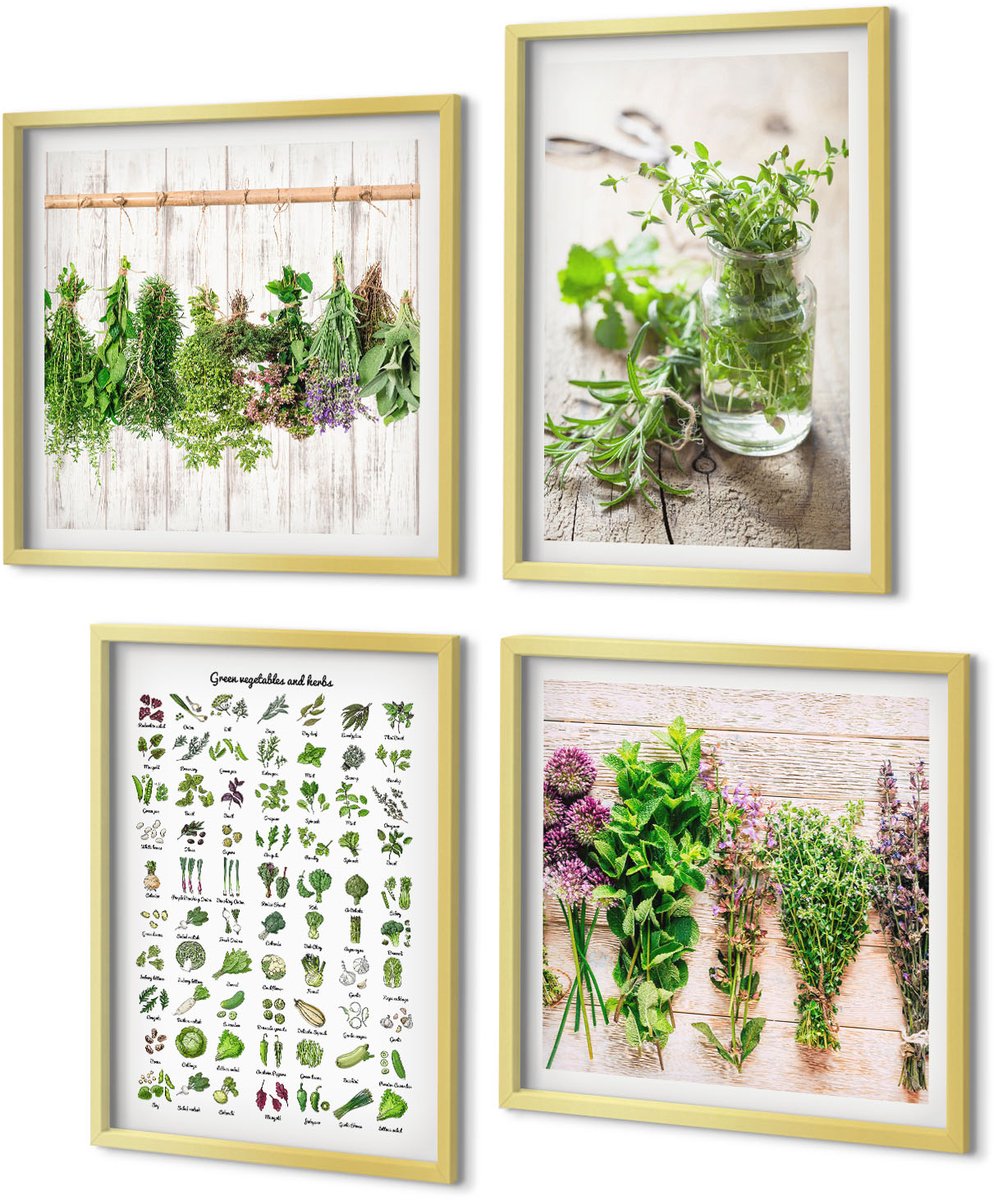 Coloray 4-Delige Schilderij Set - Lijst met gedroogde keukenkruiden - 40 x 40 cm en 40 x 60 cm - Muurdecoratie - Wanddecoratie - Slaapkamer - Decoratieve Schilderijen