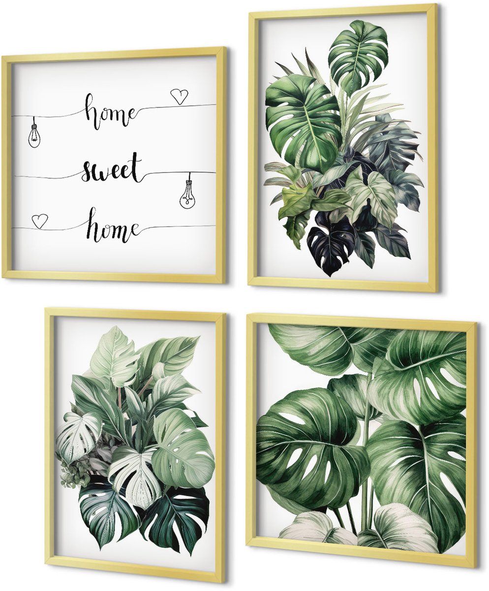 Coloray 4-Delige Schilderij Set - Groene bladeren van tropische planten, aquarelverf - 40 x 40 cm en 40 x 60 cm - Wanddecoratie - Schilderijen Set - Interieur - Interieur Decoratie
