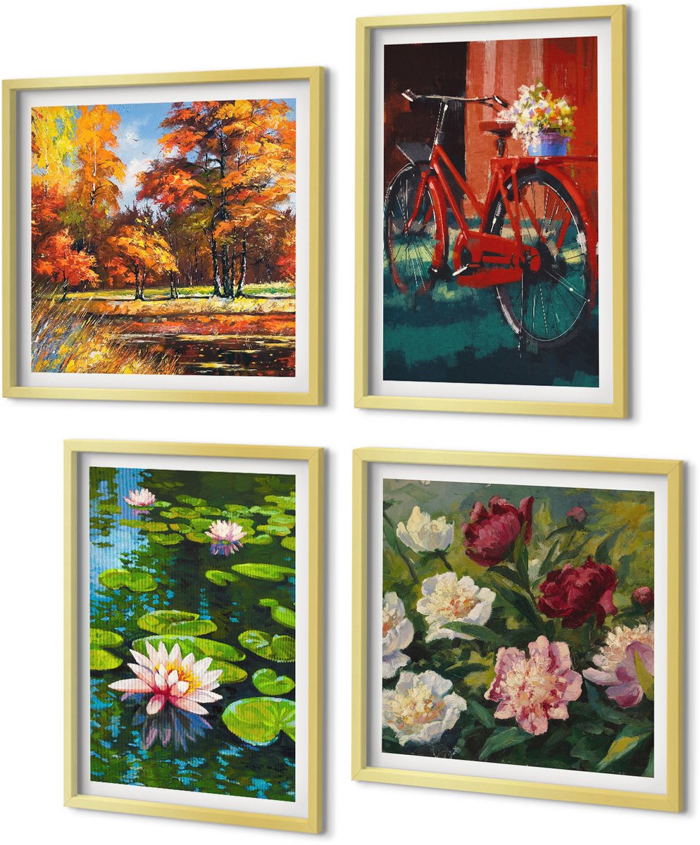 Coloray 4-Delige Schilderij Set - Lelies op de waterfiets in de tuin, kleurrijke bloemen - 40 x 40 cm en 40 x 60 cm - Stijlvolle Muurdecoratie - Slaapkamer - Woonkamer Decoratie
