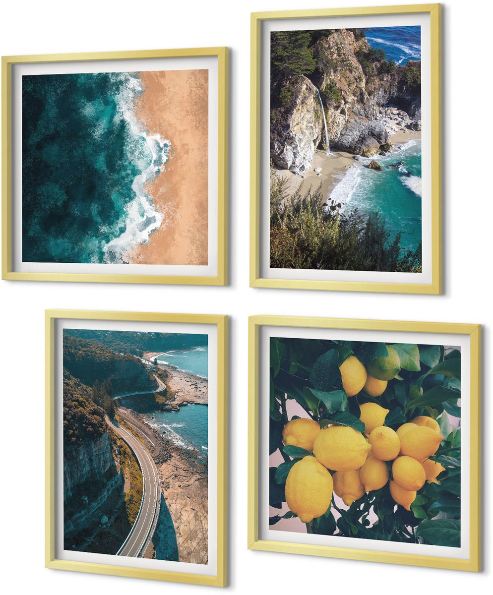 Coloray 4-Delige Schilderij Set - Zeestrand Citroenen Berglandschap Kustweg - 40 x 40 cm en 40 x 60 cm - Muurdecoratie - Wanddecoratie - Hal - Woonkamer Decoratie