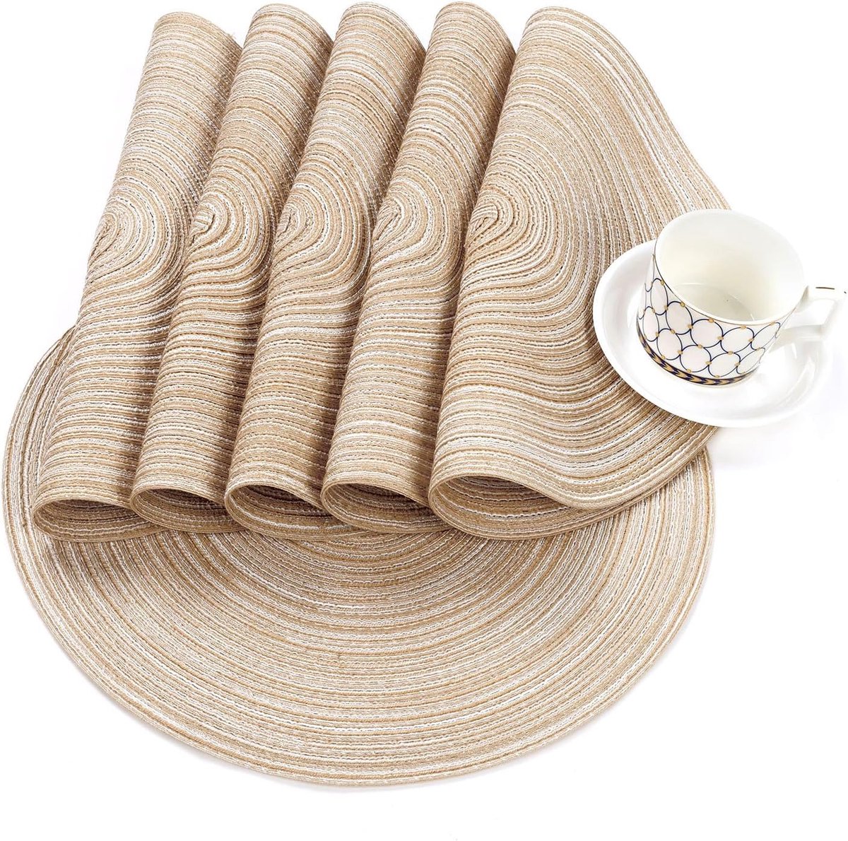 Ronde Geweven Placemats Set Van 6 - 38 Cm Katoenen Onderzetters - Hittebestendig En Antislip - Wasbare Tafelmatten Voor Keuken En Eetkamer - Beige Tafeldecoratie