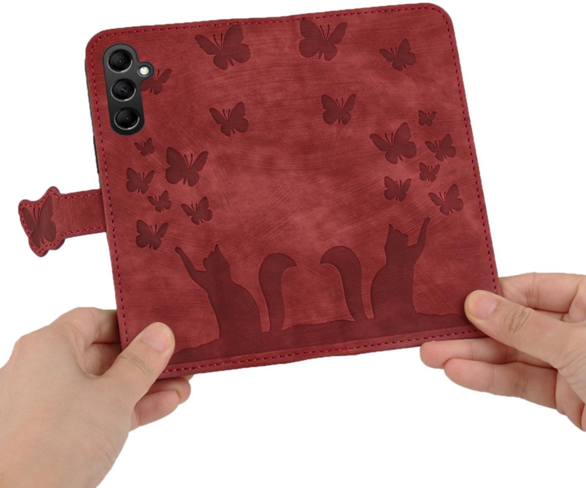 BookCover Hoes Etui geschikt voor Samsung Galaxy A27 - Vlinders en Kat - Rood - Reliëf