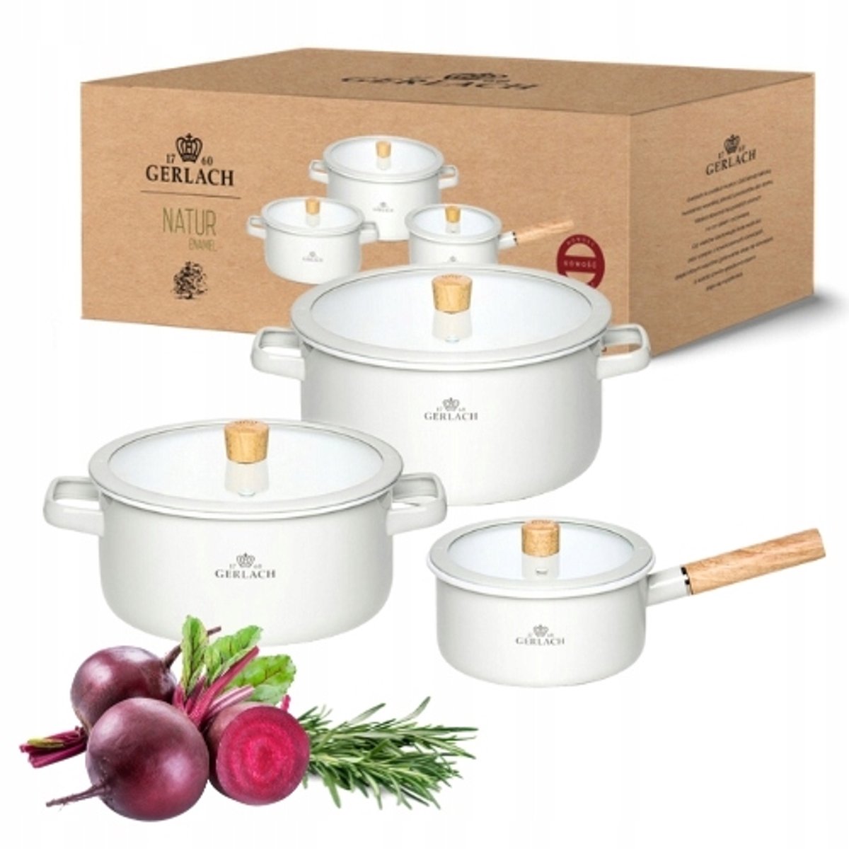 Gerlach Natur Enamel pannenset 6-delig wit met deksels