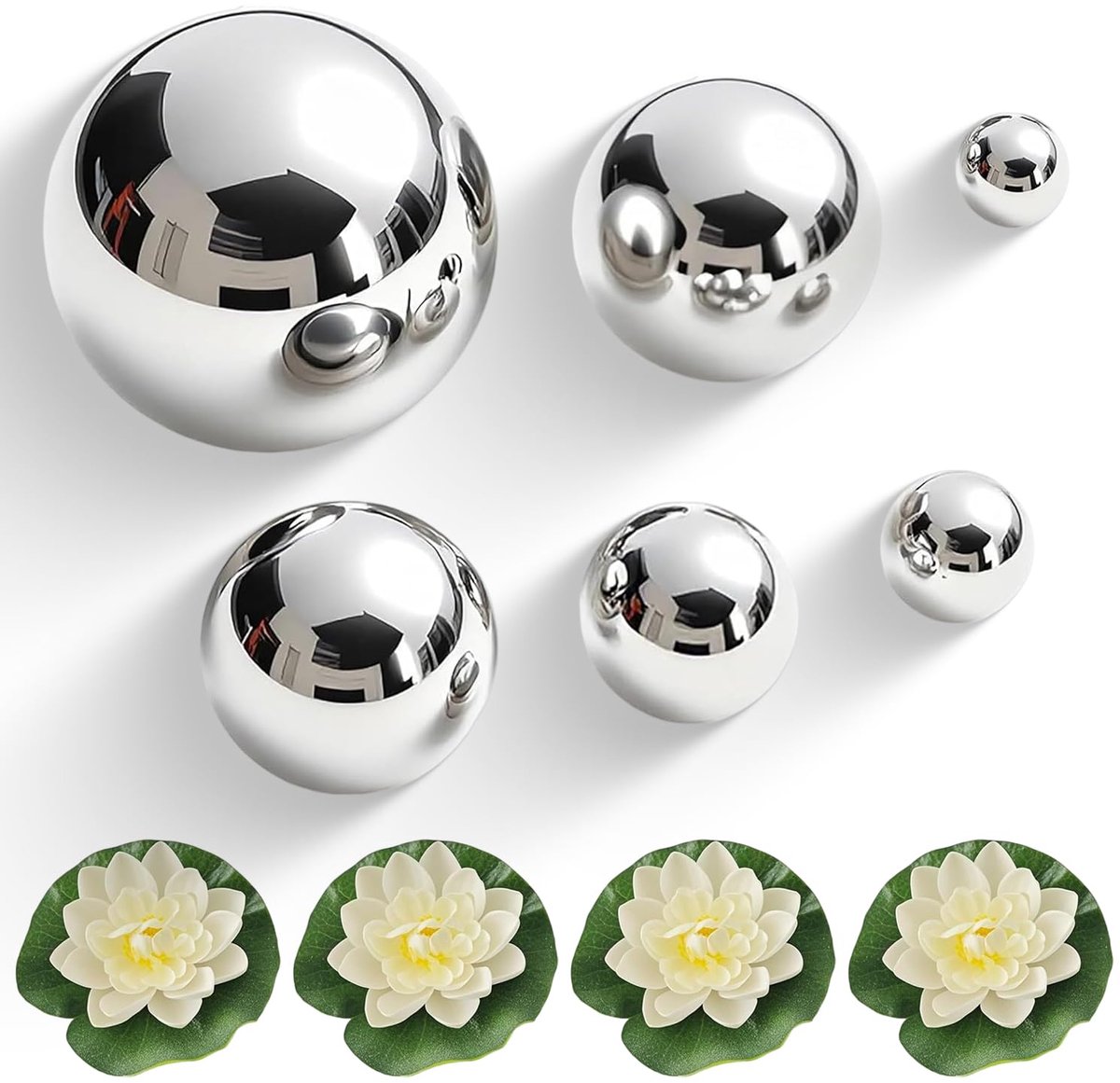 Set van 6 decoratieve roestvrijstalen drijvende ballen met 4 witte bloemen