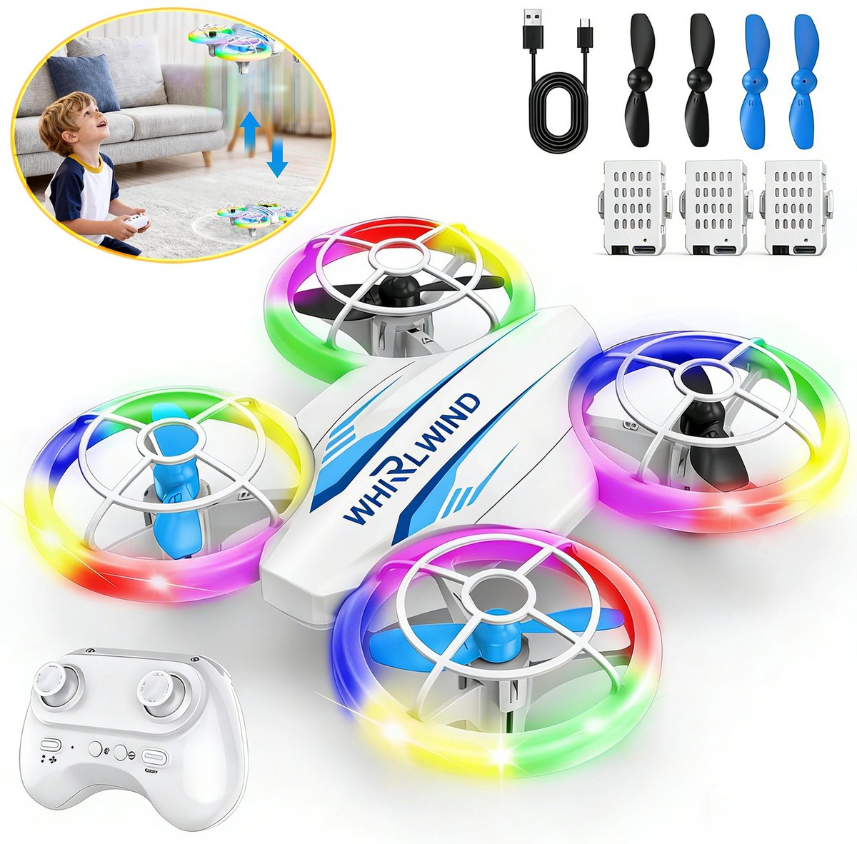 Minidrone Met 6 Led-Lichtstanden - Kinderdrone - RC Quadcopter Met 3 Accu's - Dronespeelgoed Voor Kinderen