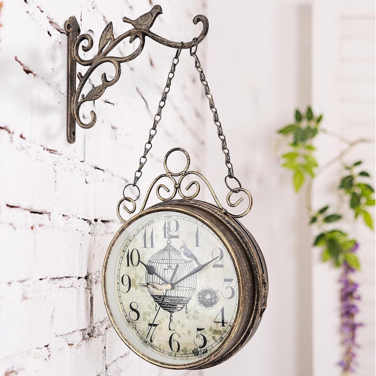 Station Clock, Retro Double-Sided Rotating Wall Clock, Round Wrought Iron Station, Waterproof, Black, Nostalgic, for - ShopVlot
