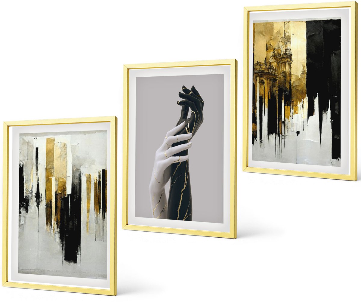 Coloray 3-Delige Schilderij Set - Uitzicht Op Zee Met Pastelkleurige Huizen - 40 x 40 cm En 40 x 60 cm - Wanddecoratie - Muurdecoratie - Moderne Interieurdecoratie - Interieur Decoratie