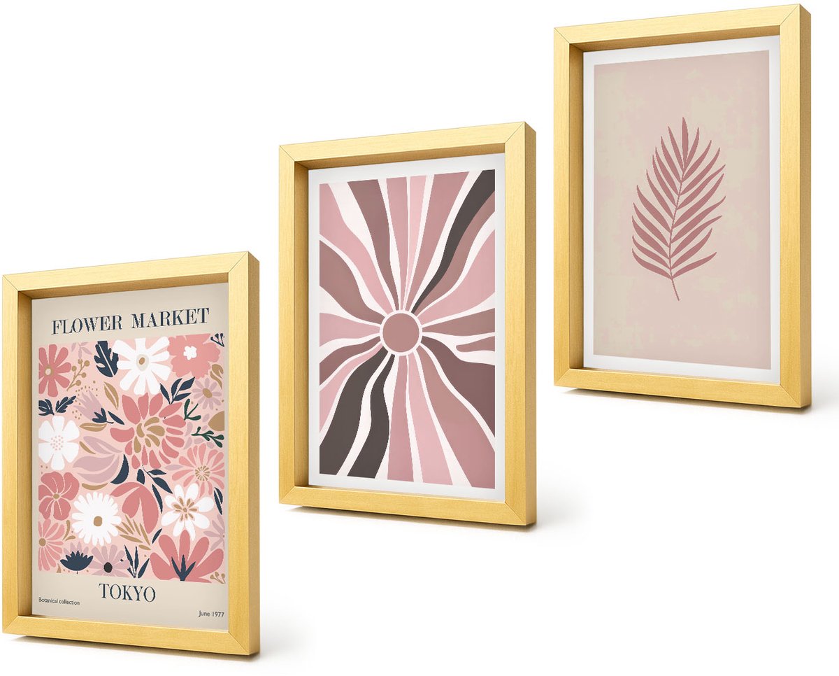 Coloray 4-Delige Schilderij Set - Bloemmotieven met bladeren en geometrische vormen - 20 x 30 cm - Moderne Wanddecoratie - Woonkamer - Stijlvolle Muurdecoratie