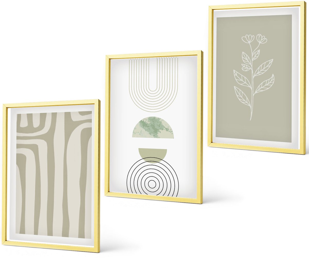 Coloray 3-Delige Schilderij Set - Geometrische Patronen Met Plantenaccenten In Groene Tinten. - 40 x 40 cm En 40 x 60 cm - Wanddecoratie - Woonkamer Decoratie