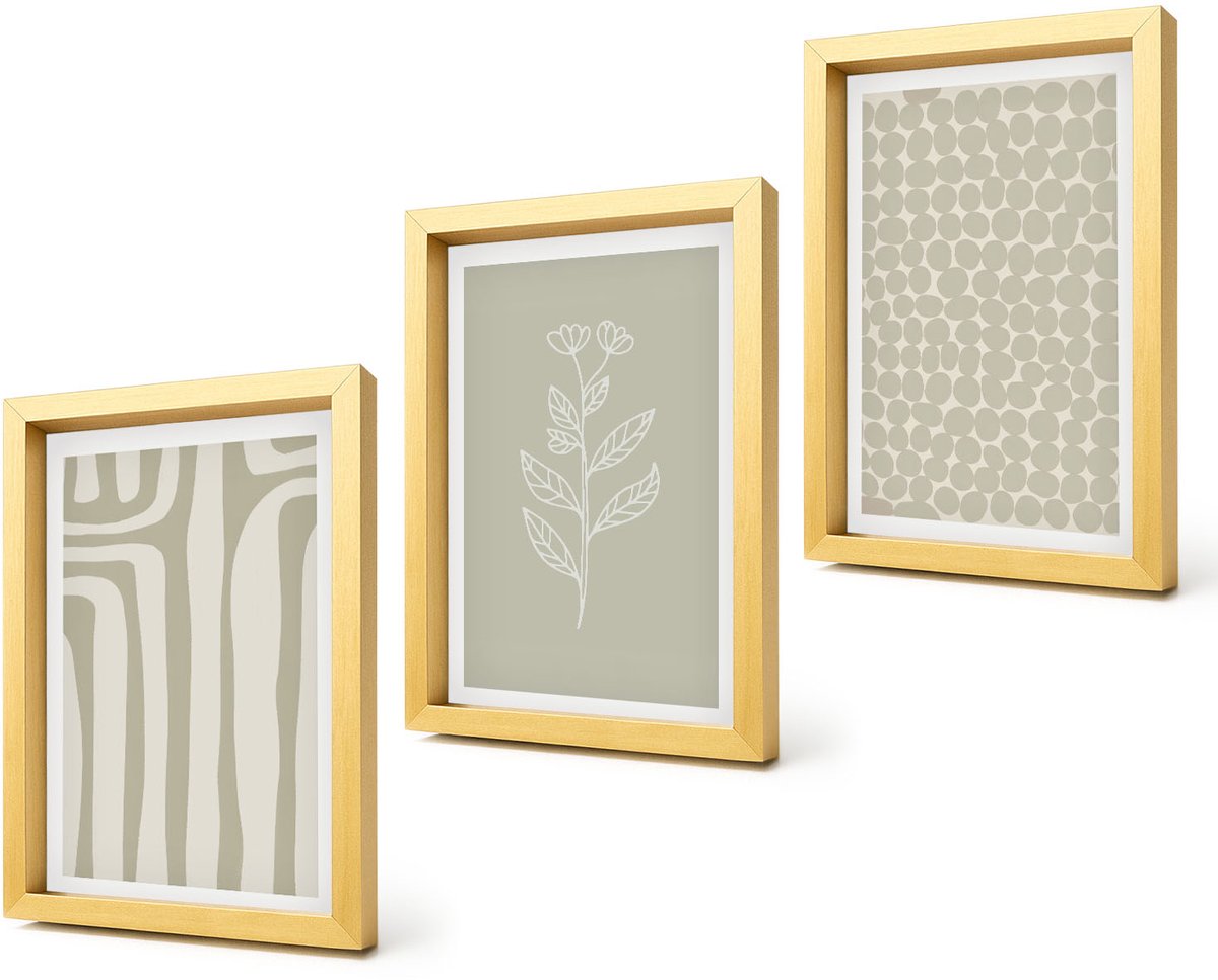 Coloray 4-Delige Schilderij Set - Plantaardige en geometrische patronen in ingetogen kleuren. - 20 x 30 cm - Moderne Wanddecoratie - Slaapkamer - Stijlvolle Muurdecoratie