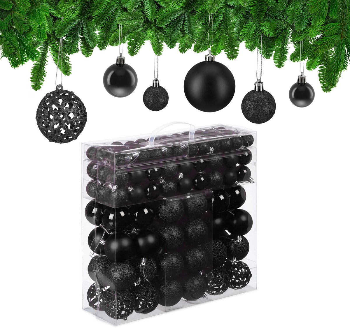 Famanu – Set van 150 kerstballen voor de kerstboom, mat en glanzend, met glitters, ∅ 3, 4, 6 cm, kunststof, zwart
