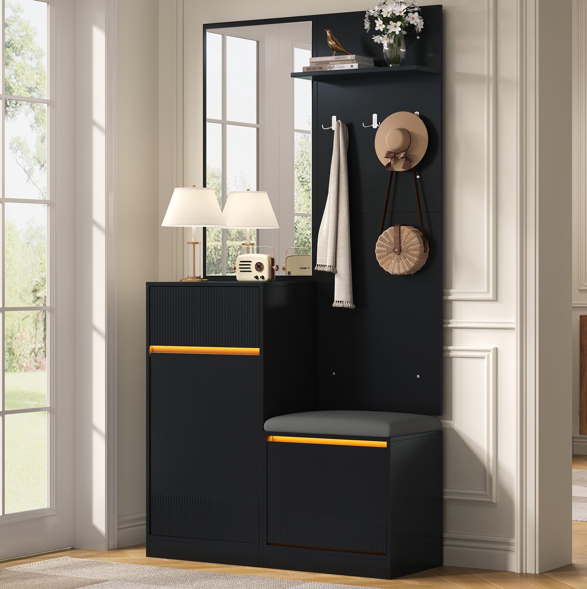 MIVRAY Kledingrek - Kompaktgarderobe Met Spiegel En Led Verlichting - Hal En Gang - Mdf En Spaanplaat - Zwart - 105x38x190 Cm