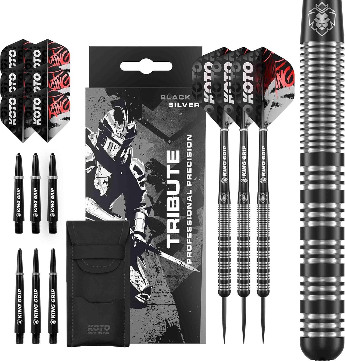 KOTO - Tribute Tungsten Look, Dartpijlen, 14G/18G, Zwart & Zilver, Darts set incl. 3 Barrels, Flights + Shafts & Darts - ShopVlot