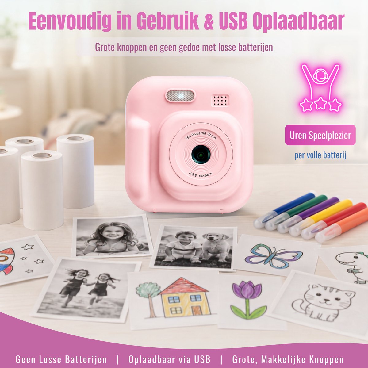 Impressora Térmica - Grote Kindercamera met foto printer - Instant camera - Digitale Camera Kinderen - Kinderfototoestel - Mini printer - Speelgoed camera - 48MP - Inclusief Cameratas + 4 papierrollen + 32GB sd kaart - Roze — cadeau in Spellen & Speelgoed - foto 4