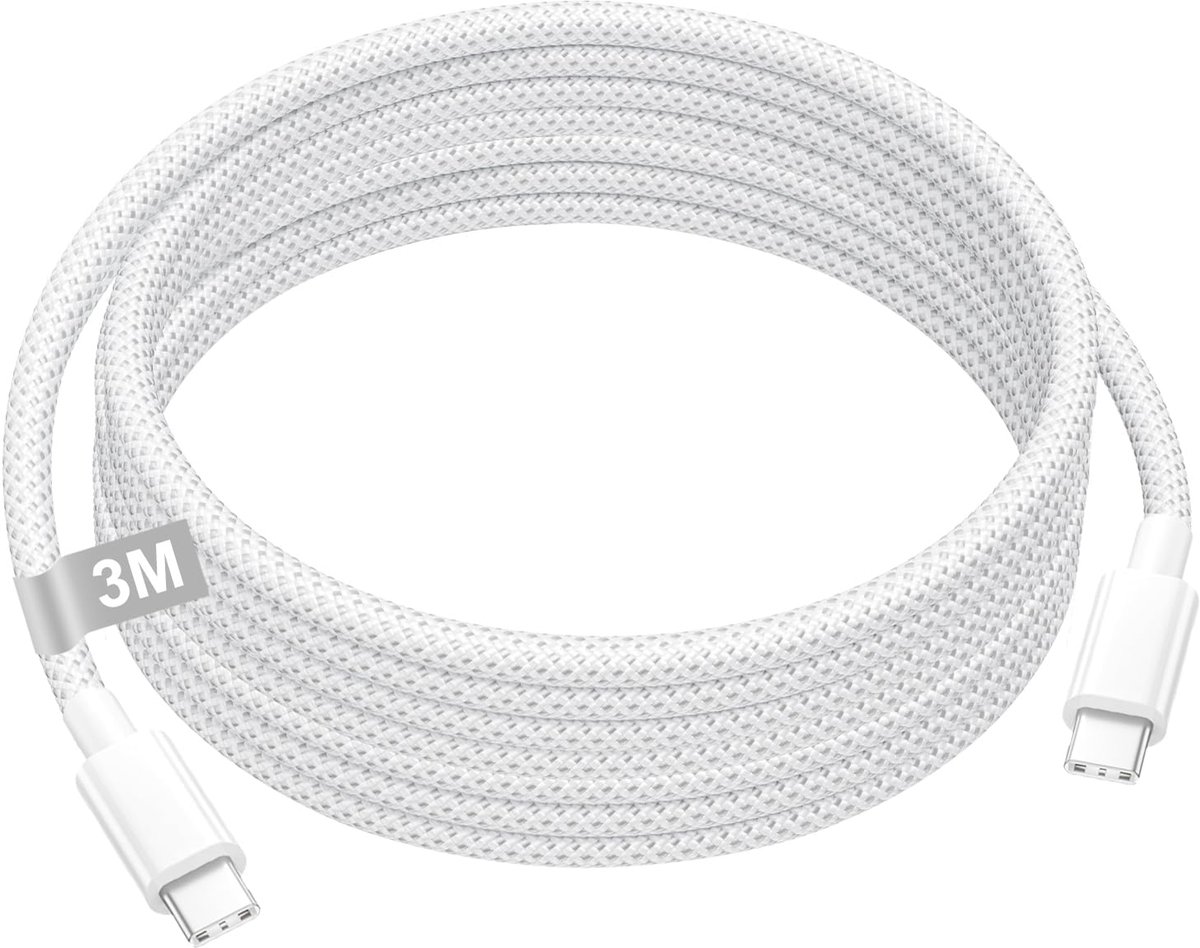 USB-C-naar-USB-C-kabel van 3 m, 60 W, met nylon omvlechting, snellader voor iPhone 17/17e/16/15, wit - ShopVlot