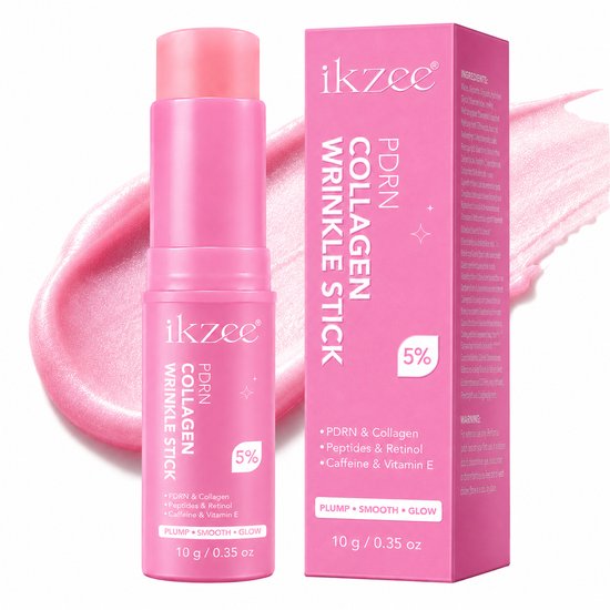 Roze stick van Ikzee met de tekst 'PDRN Collagen Wrinkle Stick', 5% PDRN & Collageen, Peptiden & Retinol, Vitamine E. 10g.