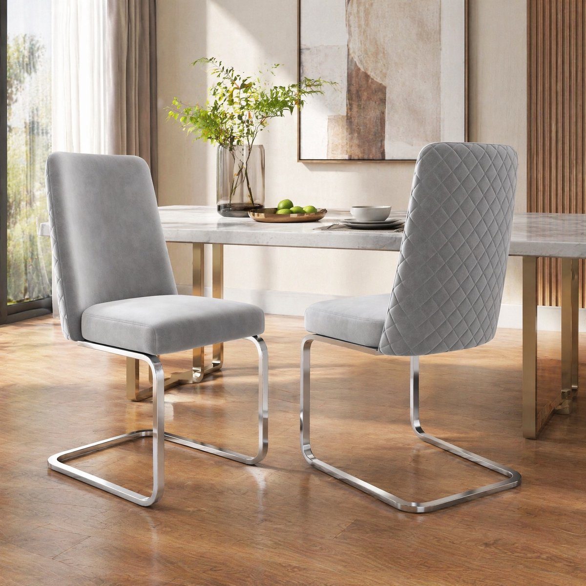 Eetkamerstoel Set Van 2 - Fluwelen Stoel Met Diamant Rugdesign En Metalen Sledevoet - Voor Woonkamer En Eetkamer - Grijs Zilver