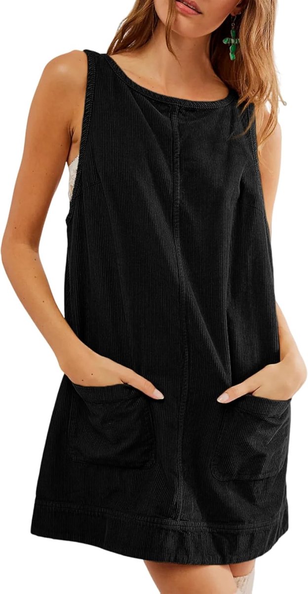 Women's Corduroy Overall Dress Round Neck A-line Skirt Tall Jumper Mini Dress Dungarees with Pockets - ShopVlot