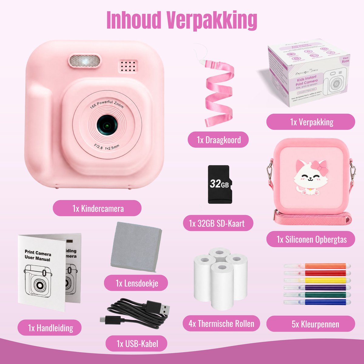 Impressora Térmica - Grote Kindercamera met foto printer - Instant camera - Digitale Camera Kinderen - Kinderfototoestel - Mini printer - Speelgoed camera - 48MP - Inclusief Cameratas + 4 papierrollen + 32GB sd kaart - Roze — cadeau in Spellen & Speelgoed - foto 7