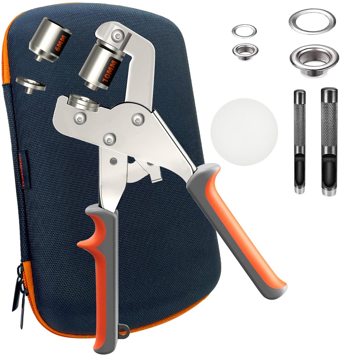 HAPDEN Grommet oogtangset, met tangenverpakking en 100 ogen van 10 mm en 100 ogen van 6 mm, verwisselbare stanskop - ShopVlot