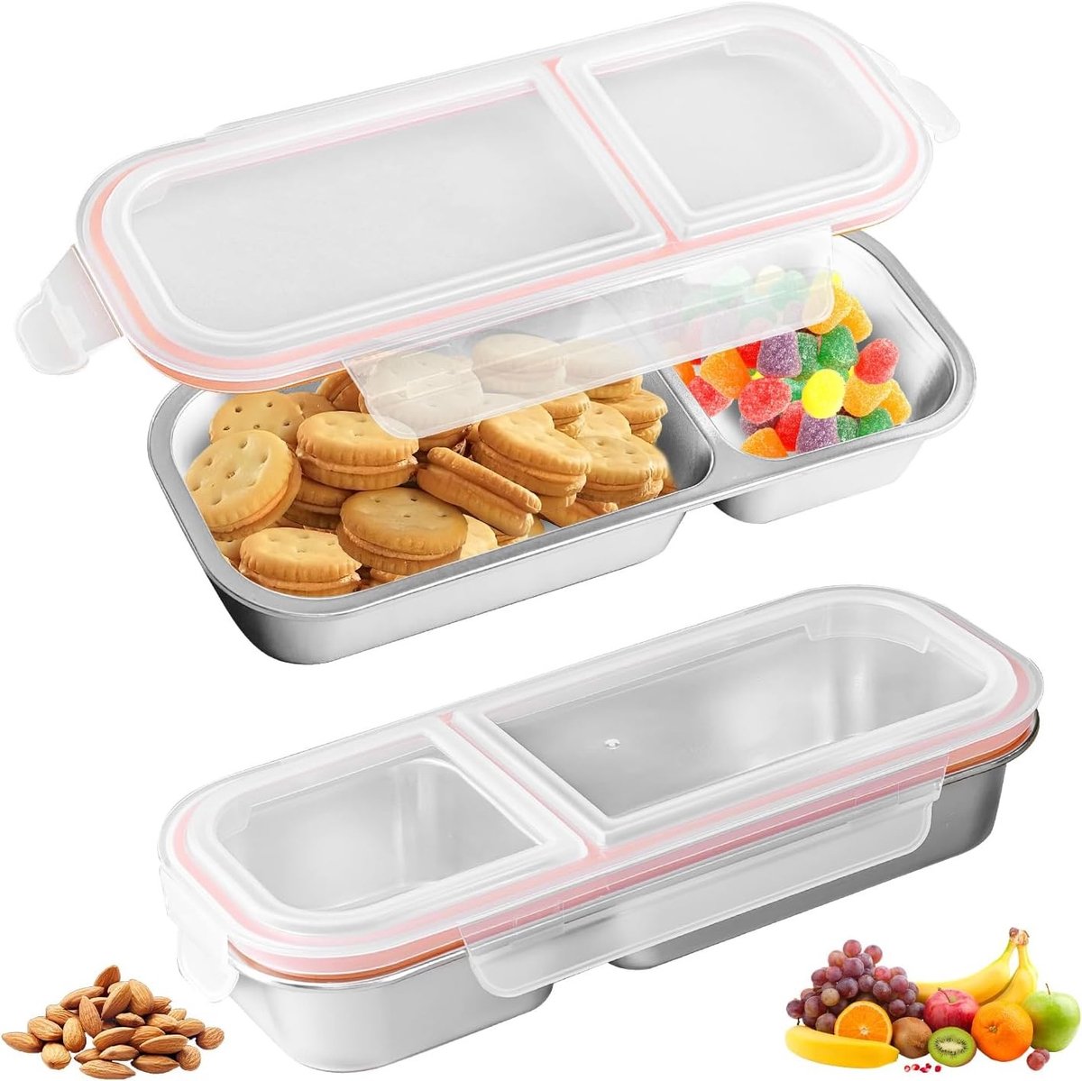 Snackbox - Roestvrij staal - 2 Stuks - Onderverdeeld en Lekvrij - Voor Snacks en Gerechten