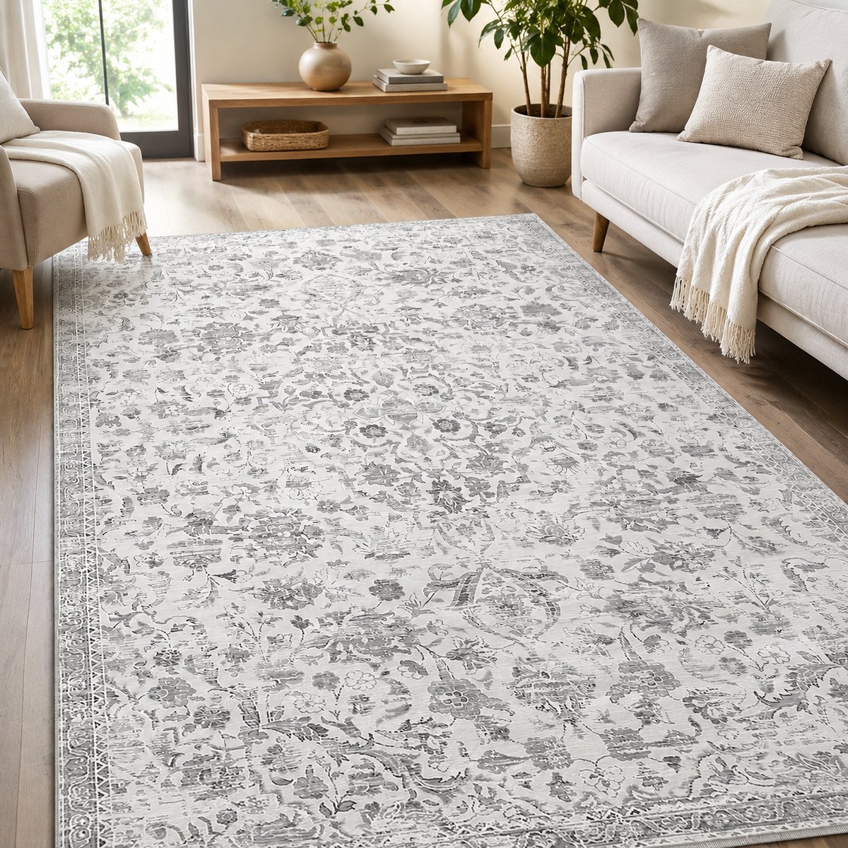 merkloos Vloerkleed met Bloemmotief 120x170 cm - Grijs Beige, Laagpolig, Anti-slip, Wasbaar - Geschikt voor Woonkamer, Slaapkamer, Keuken en Kantoor