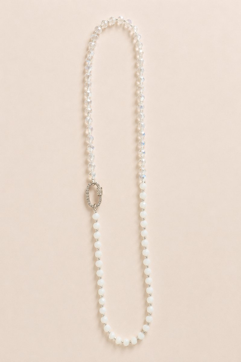 Ketting Dames – Witte Kralen en Kristallen Schakel – Goudkleurig – 45 cm – Messing