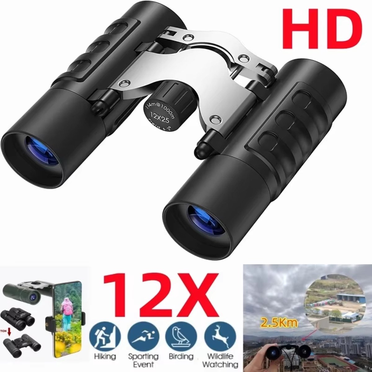 Hoge Resolutie Verrekijker 12x25 – Krachtige HD Telescoop met Super Zoom en BAK4 FMC Optiek – Compacte Verrekijker voor Wandelen, Kamperen, Vogels Kijken en Buitensport