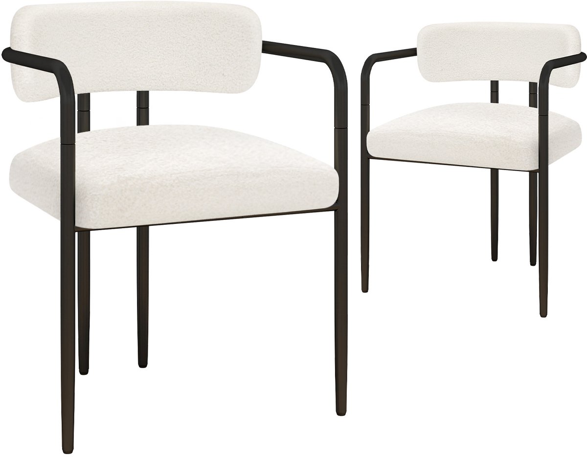 Puluomis - Eetkamerstoelen - Set van 2 - Teddy Fleece - Metalen poten - Gevoerde zitkussens - Wit