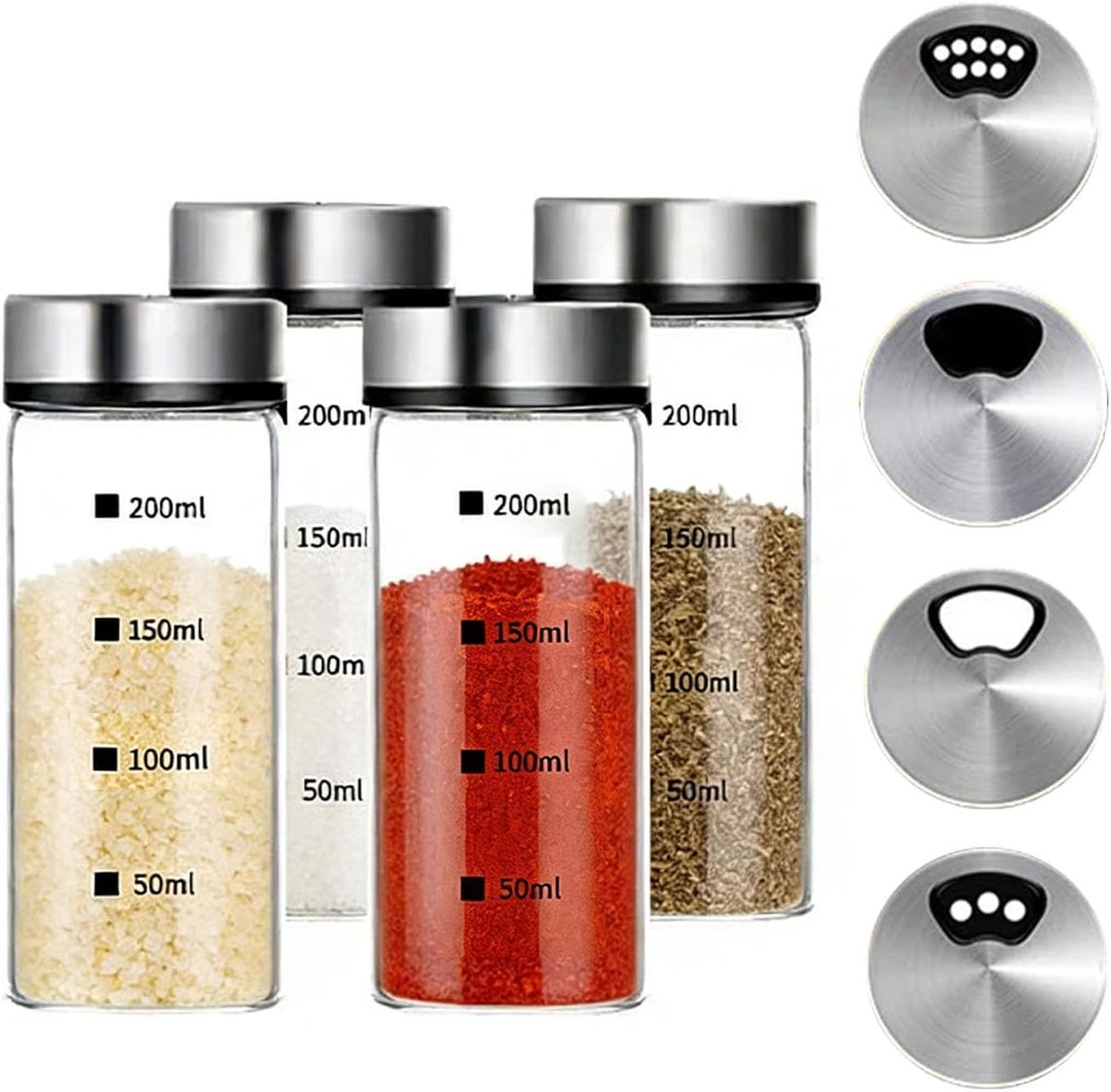 Kruidenstrooier, glas, set van 4, 200 ml, kruidenpotjes, groot, met draaisluiting, zoutstrooier, groot - ShopVlot