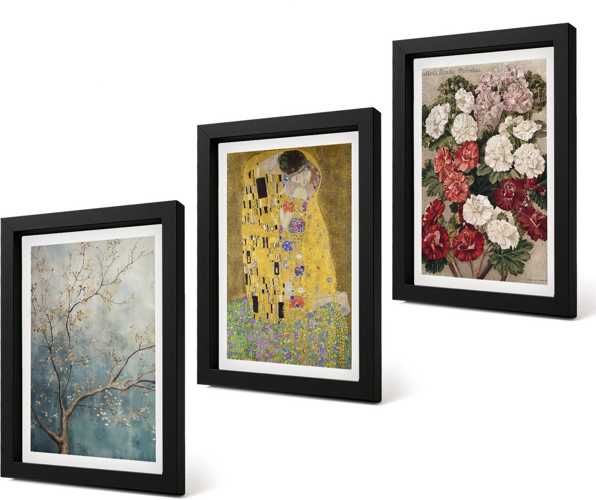 Coloray 4-Delige Schilderij Set - Bloemen en bomen in de schilderstijl van De Kus van Gustav Klimt. - 20 x 30 cm - Moderne Wanddecoratie - Slaapkamer - Decoratieve Schilderijen