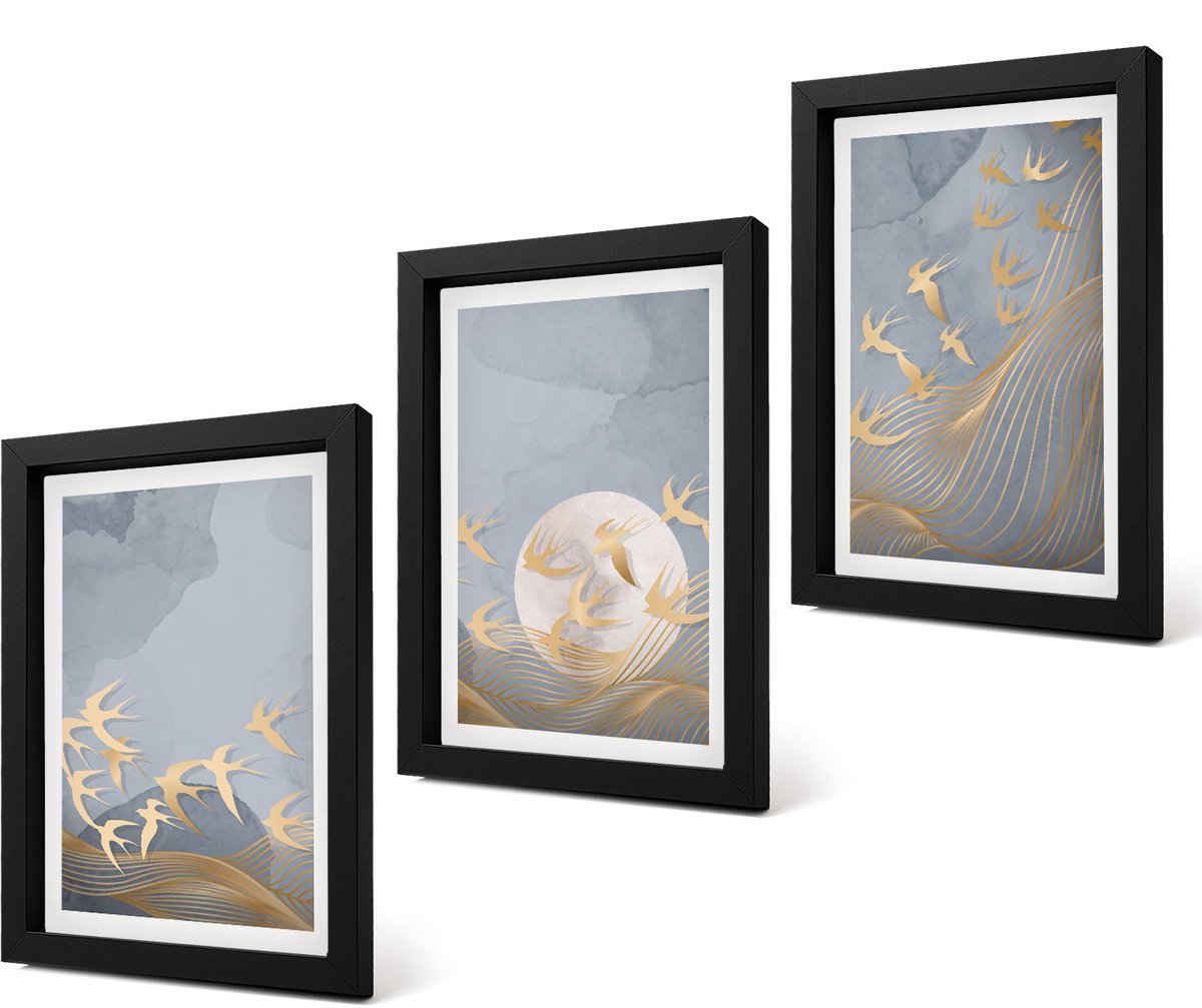 Coloray 4-Delige Schilderij Set - Vogels in vlucht tegen de hemel en de maan. - 20 x 30 cm - Muurdecoratie - Schilderijen Set - Woonkamer - Decoratieve Schilderijen