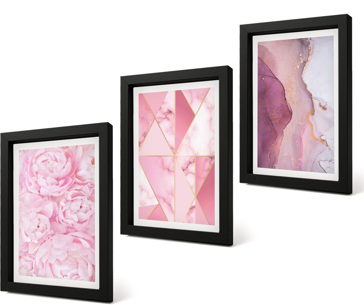 Coloray 4-Delige Schilderij Set - Roze pioenrozen met geometrische patronen - 20 x 30 cm - Decoratieve Muurdecoratie - Slaapkamer - Moderne Wanddecoratie
