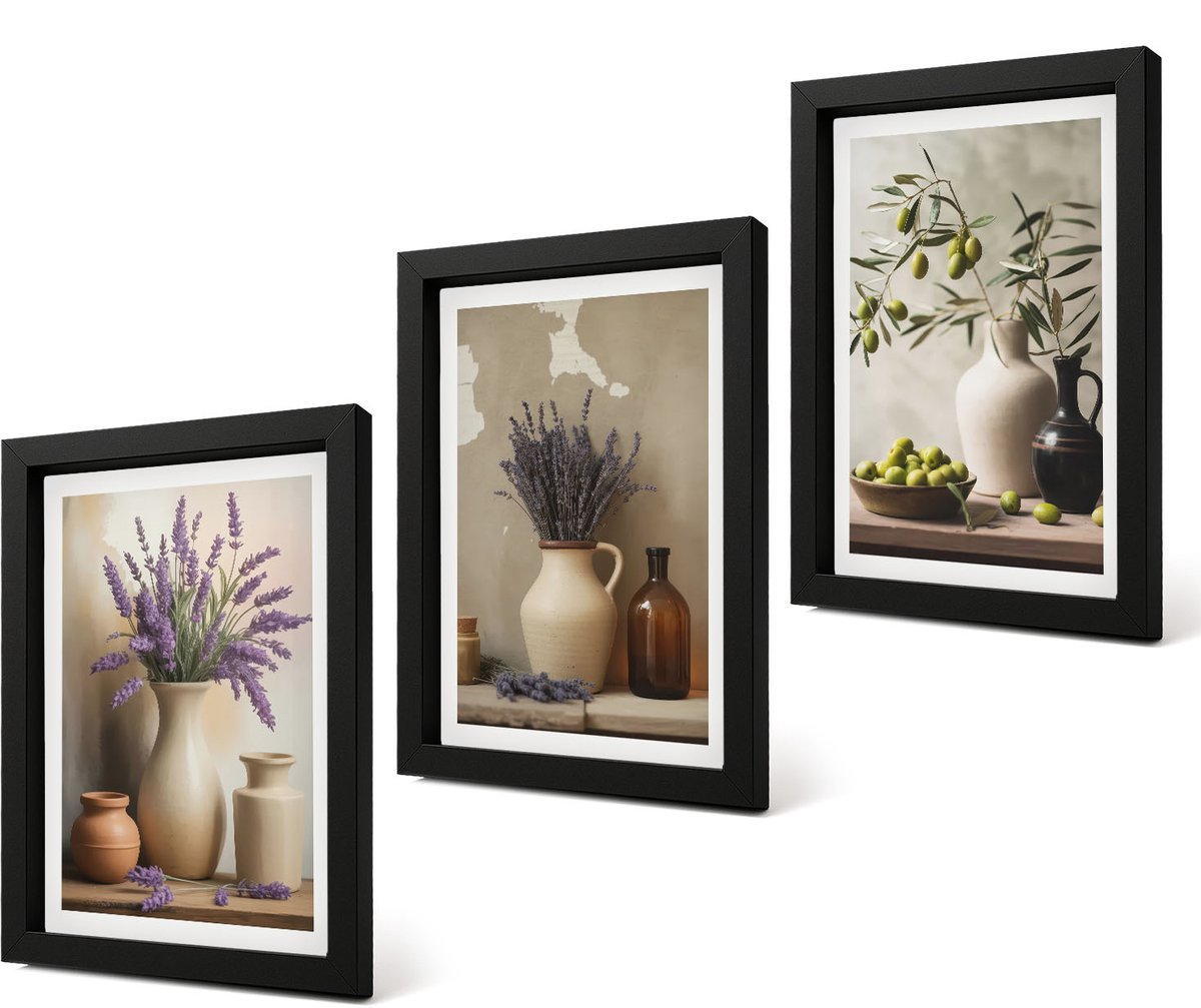 Coloray 4-Delige Schilderij Set - Bloemen in vazen, olijven en natuurlijke decoraties. - 20 x 30 cm - Wanddecoratie - Muurdecoratie - Woonkamer - Moderne Wanddecoratie