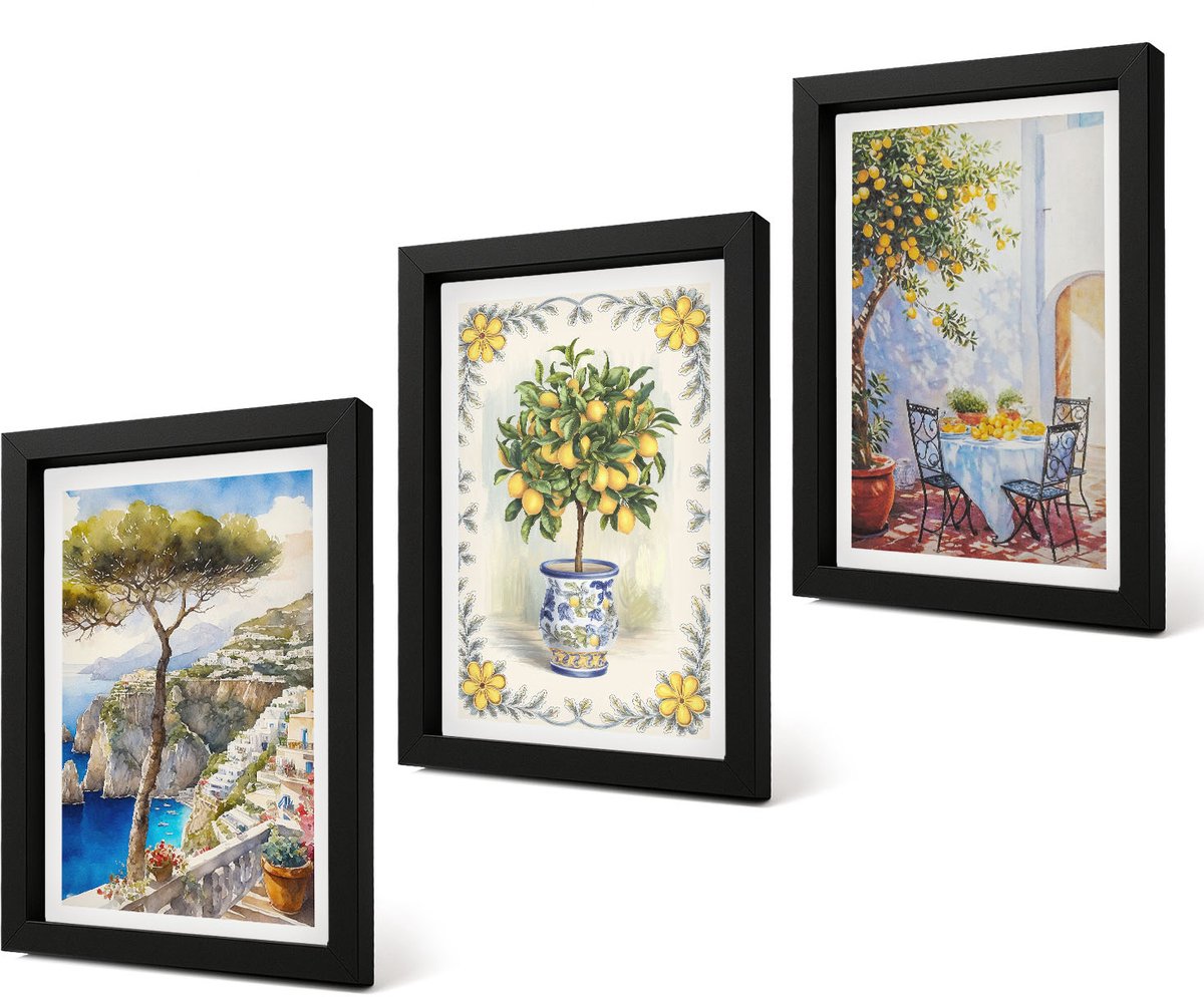 Coloray 4-Delige Schilderij Set - Uitzicht op zee met citroenbomen - 20 x 30 cm - Decoratieve Schilderijen - Wanddecoratie - Hal