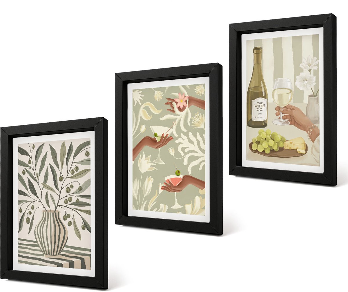Coloray 4-Delige Schilderij Set - Olijfbloemen en rustieke cocktails - 20 x 30 cm - Muurdecoratie - Interieur Decoratie - Woonkamer Decoratie