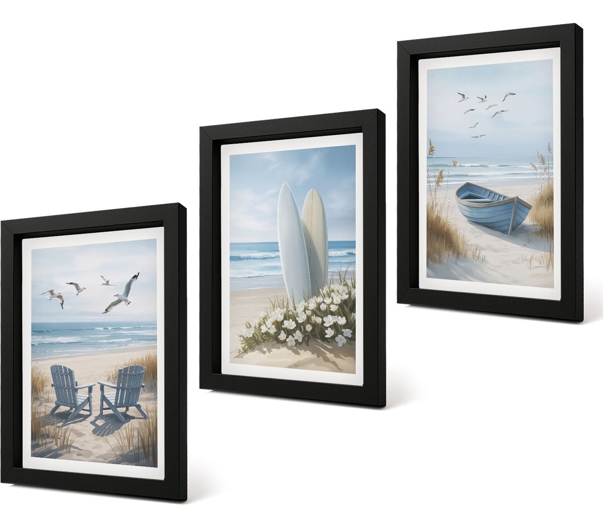 Coloray 4-Delige Schilderij Set - Strand met surfplanken, boten en vogels - 20 x 30 cm - Schilderijen Set - Wanddecoratie - Woonkamer - Decoratieve Schilderijen