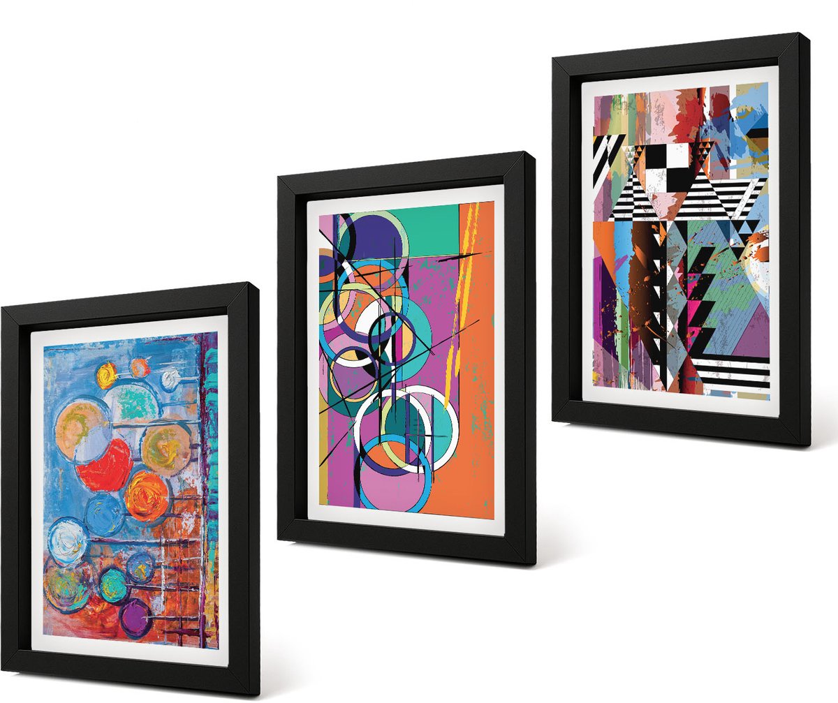 Coloray 4-Delige Schilderij Set - Kleurrijke abstracties met cirkels en geometrische patronen - 20 x 30 cm - Wanddecoratie - Moderne Interieurdecoratie - Woonkamer Decoratie