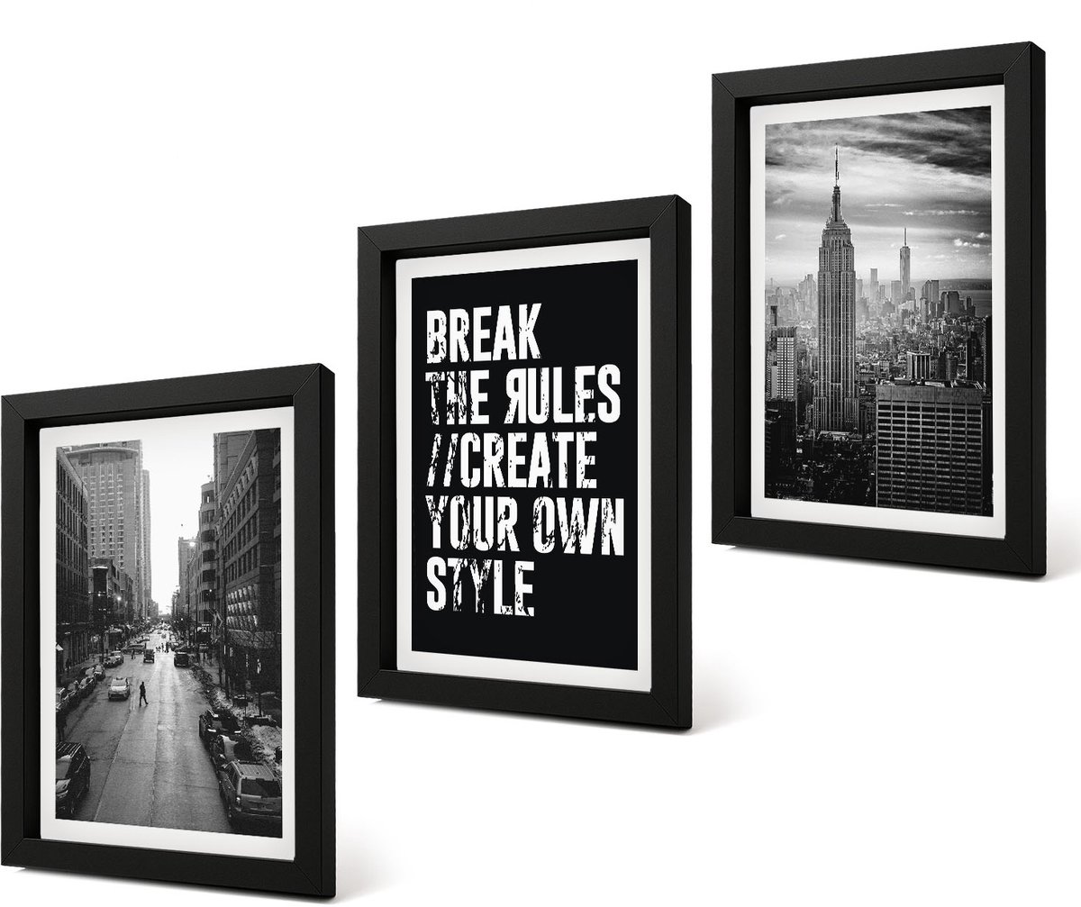 Coloray 4-Delige Schilderij Set - Stadsstraten in zwart-wit met inspirerende letters - 20 x 30 cm - Wanddecoratie - Muurdecoratie - Woonkamer - Decoratieve Schilderijen