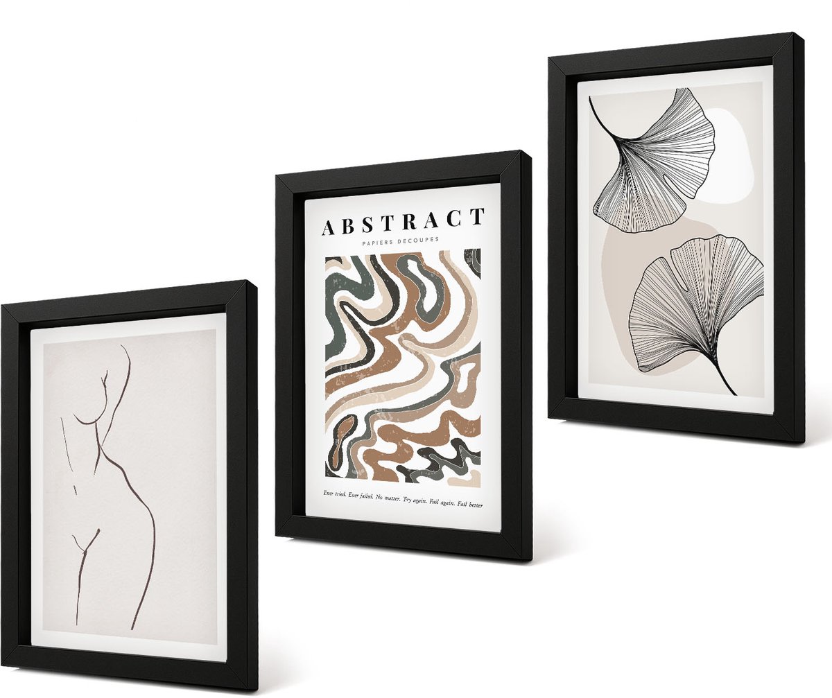 Coloray 4-Delige Schilderij Set - Abstracte poster met vrouwelijke vormen en bladeren in boho-stijl. - 20 x 30 cm - Wanddecoratie - Woonkamer Decoratie - Moderne Wanddecoratie