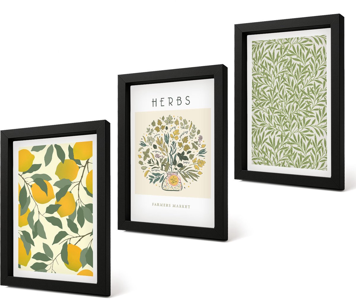 Coloray 4-Delige Schilderij Set - Citroenmotieven met kruiden en plantenbladeren - 20 x 30 cm - Wanddecoratie - Muurdecoratie - Moderne Interieurdecoratie - Interieur Decoratie