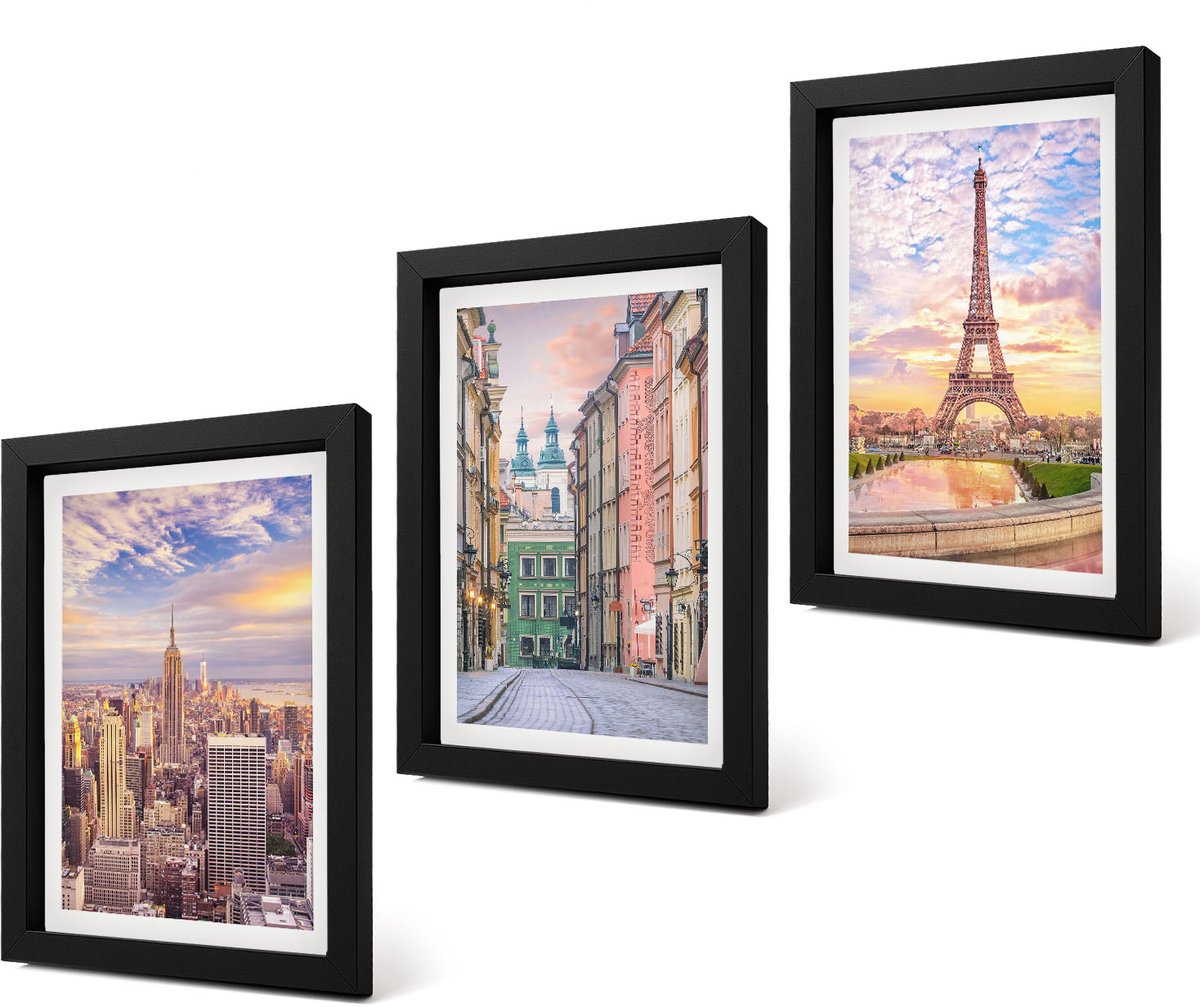 Coloray 4-Delige Schilderij Set - Uitzicht op de steden New York, Parijs en Warschau bij zonsondergang. - 20 x 30 cm - Wanddecoratie - Schilderijen Set - Interieur - Decoratieve Schilderijen